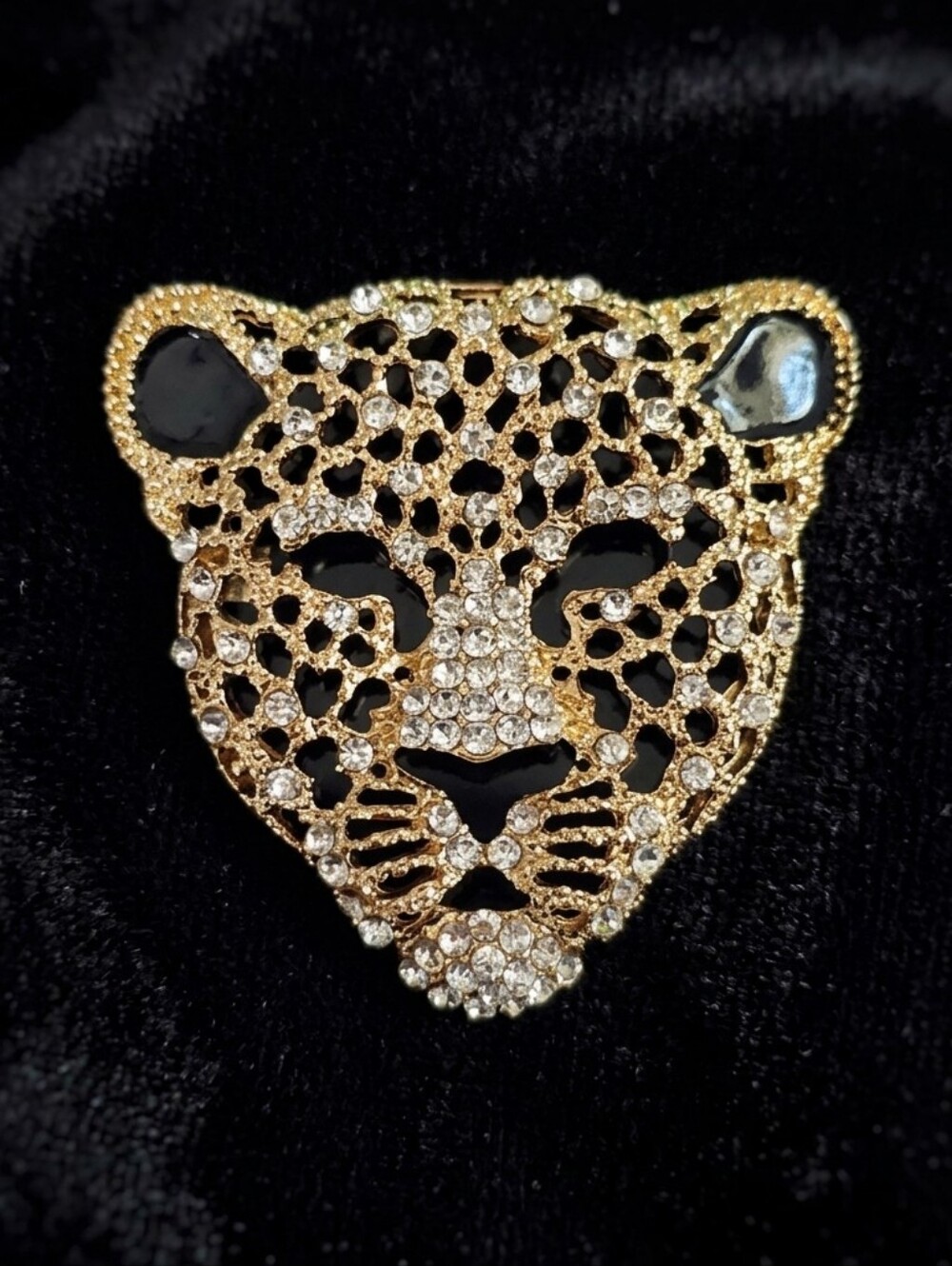 Gold-Tone Leopard Head Rhinestone Brooch